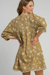 Umgee Women's Floral Raw Hem Denim Dress - Trendy, Casual, and Comfortable